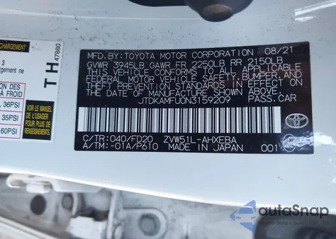 2022 Toyota Prius Le from USA, damaged, VIN JTDKAMFU0N3159209